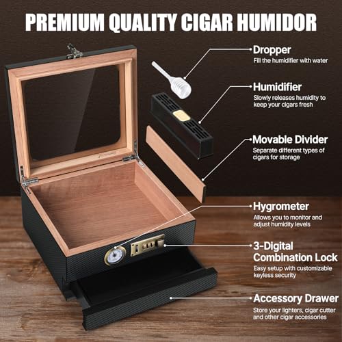 Tesonway Cigar Humidor Cedar Wood Glass Top 20-35 Count Hygrometer Lock BlackHumidor with Front Hygrometer, Humidifier, Divider, Accessories Drawer and Combination Lock, Cigar Gifts for Men (Carbon Black)