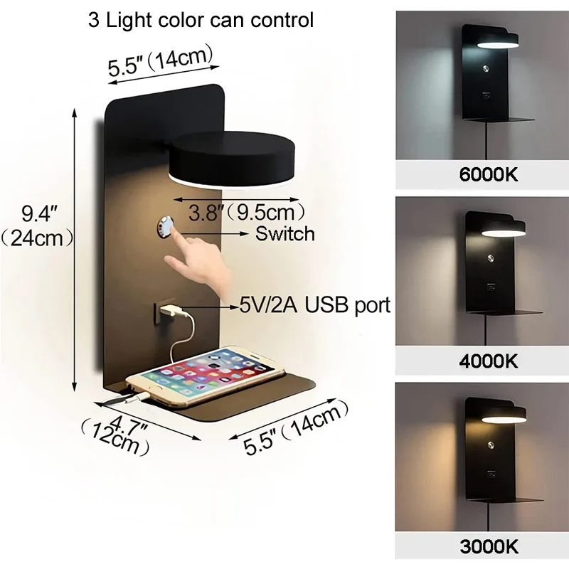 Modern LED Wall Lamp with USB Charging Port, Switch, Indoor Bedroom Living Room Wall Sconce