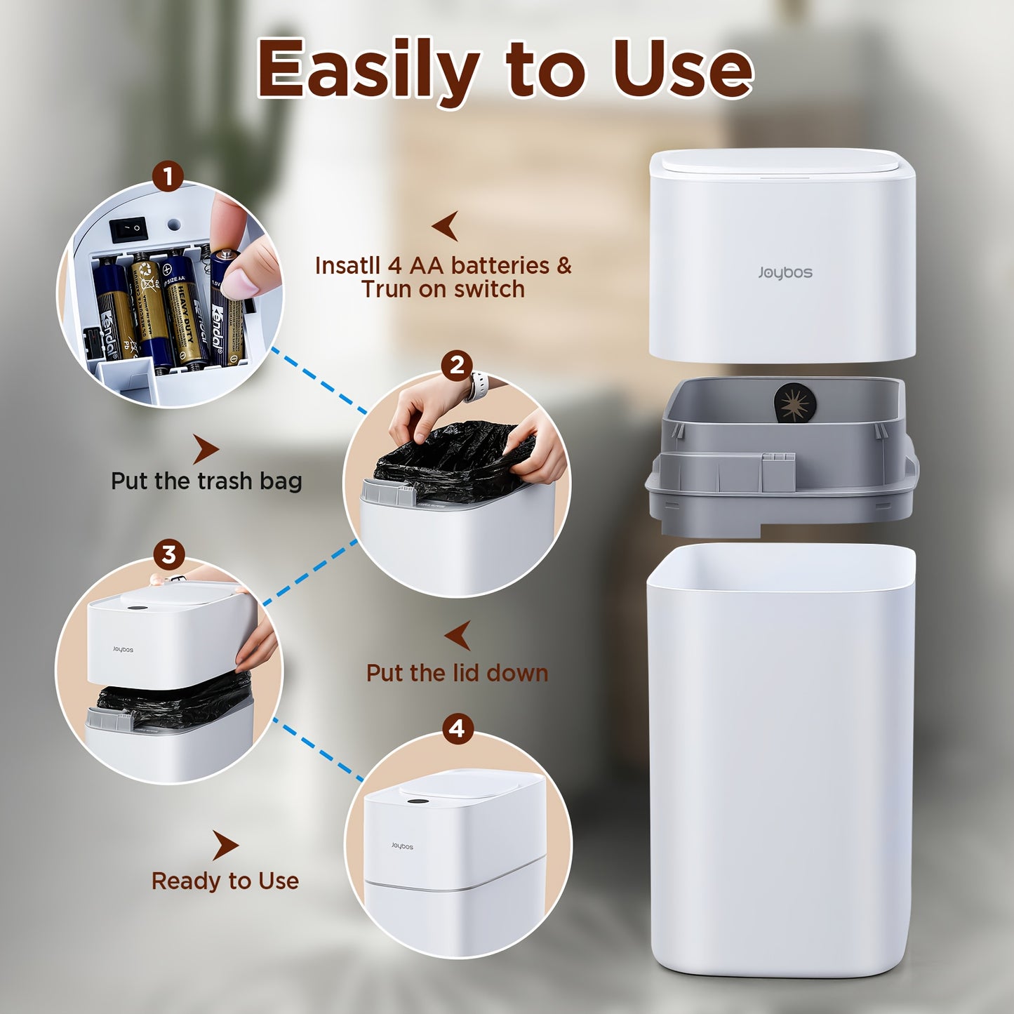 Automatic Smart Trash Can For Bathroom, 3.8Gal/14L Touchless Motion Sensor Garbage Bin, Upgraded 2 Gen Fan Auto Expand Garbage Bags, Slim Design For Narrow Space, With Small Lid Smart Waste Bin