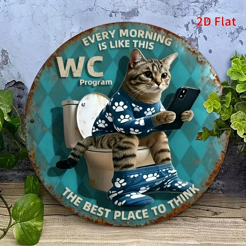 Vintage Toilet Cat with Phone Retro WC Sign – 20x20cm Aluminum Metal Bathroom Plaque – Free Shipping