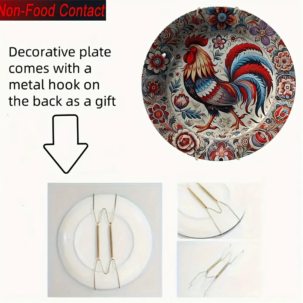 Rooster Floral Ceramic Decorative Plate – Red, Blue & Golden Home Décor