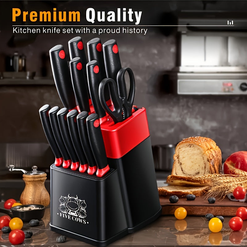 14pcs Kitchen Knife Set, Including High Carbon Stainless Steel Blades And Knife Holder, Knife Holder Comes With Sharpening Function, Anti Slip Handle, Kitchen Knife Set, Kitchen Small Tool Gift Knife