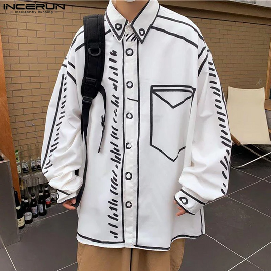 INCERUN Handsome Men Tops 2024 Manga Cartoon Printed Line Shirt Fashion Male Streetwear Hot Sale Loose Long Sleeved Blouse S-5XL