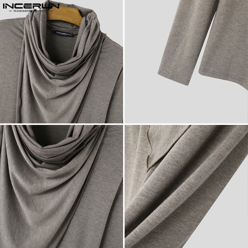 Fashion Casual Tops INCERUN New Men Pile Collar Design Ruffle Edge T-shirts Male City Walk Solid All-match Long Sleeved Camiseta