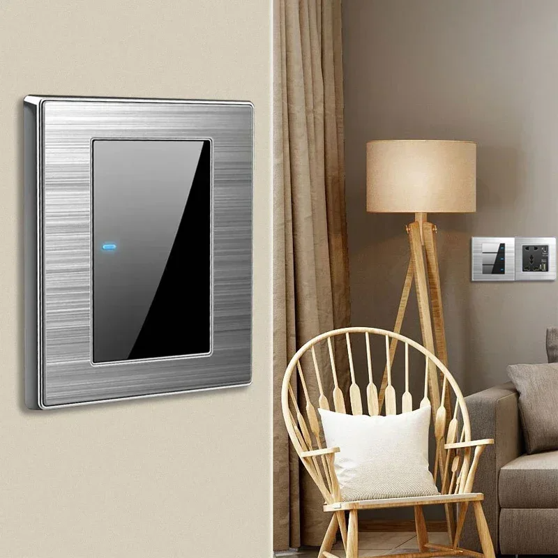 Wall LED Light Universal Switch Stainless steel Panel,EU UK USB Type-c 18W Fast Charging Plug socket 1 2 3 Gang 1 2 Way switch