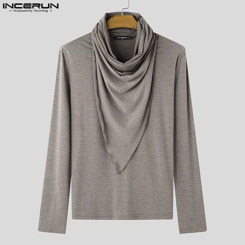 Fashion Casual Tops INCERUN New Men Pile Collar Design Ruffle Edge T-shirts Male City Walk Solid All-match Long Sleeved Camiseta