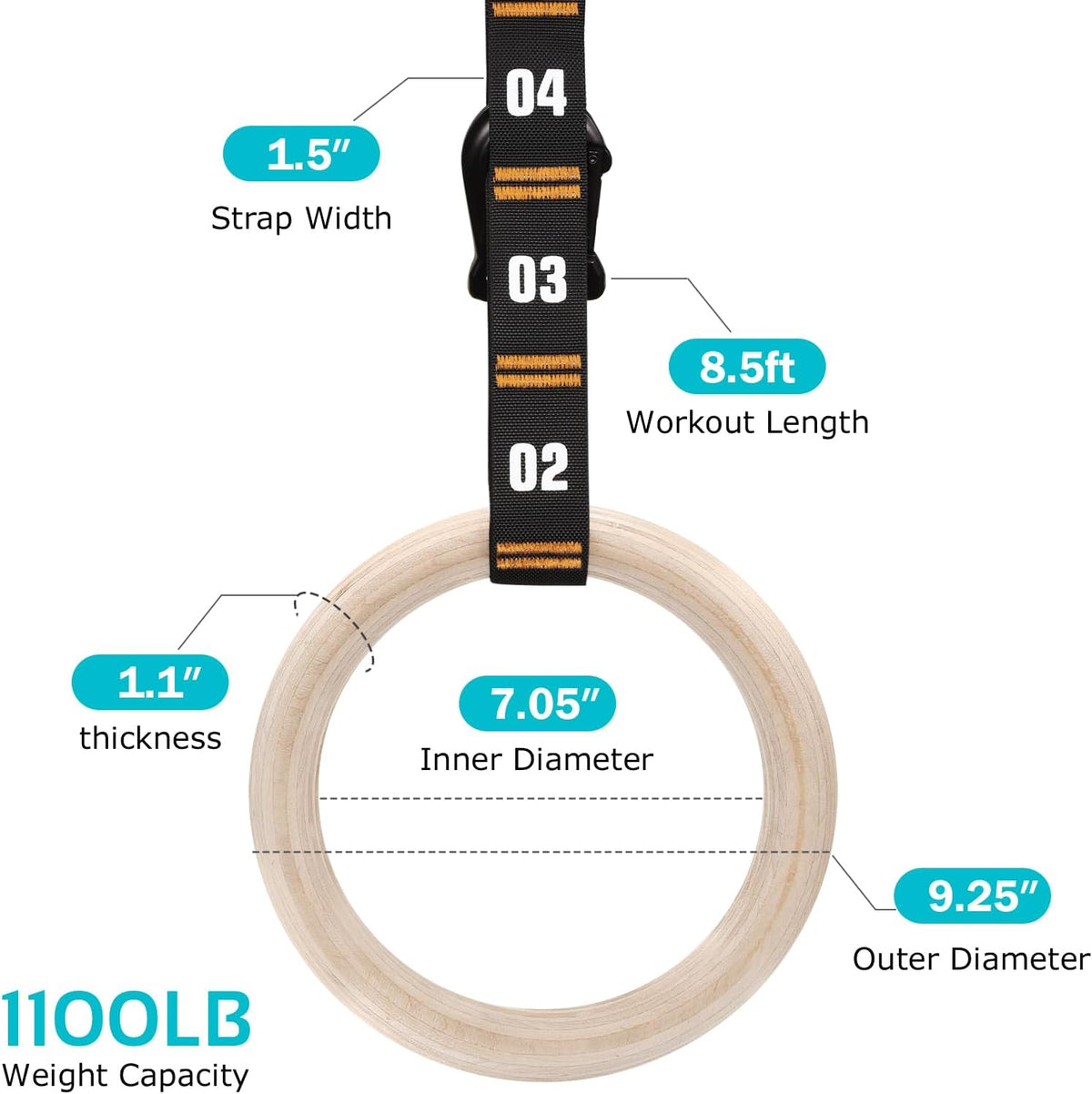 Vulken Wooden Gymnastic Rings - 1.1 Inch Olympic Gym Rings with Numbered Straps