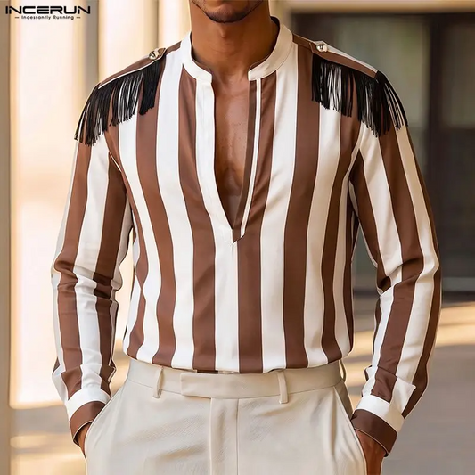 INCERUN Men's Tassel Striped Patchwork Shirt | V-Neck Long Sleeve Streetwear Top | Casual Fashion | FREE SHIPPING 👕🔥