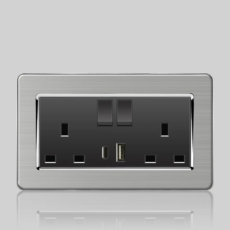 Wall LED Light Universal Switch Stainless steel Panel,EU UK USB Type-c 18W Fast Charging Plug socket 1 2 3 Gang 1 2 Way switch