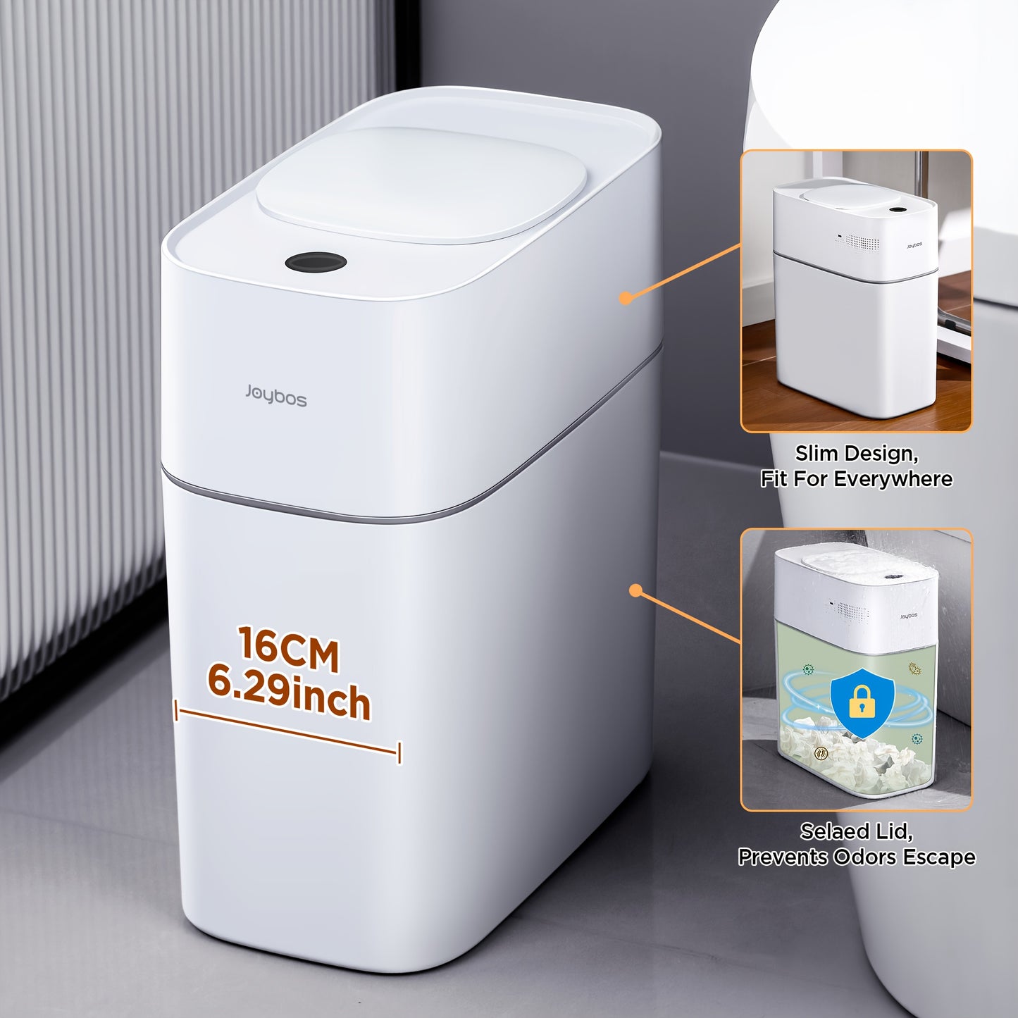 Automatic Smart Trash Can For Bathroom, 3.8Gal/14L Touchless Motion Sensor Garbage Bin, Upgraded 2 Gen Fan Auto Expand Garbage Bags, Slim Design For Narrow Space, With Small Lid Smart Waste Bin