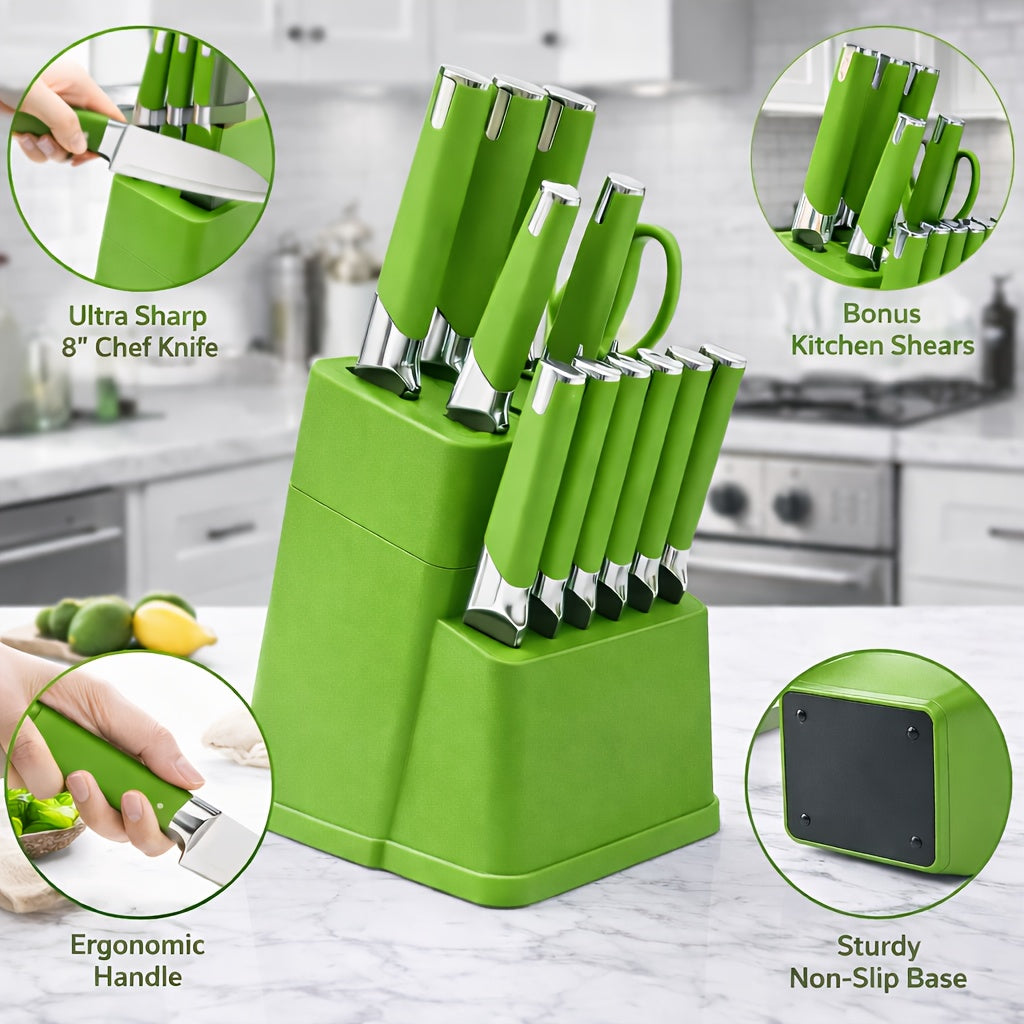 13pcs All-in-One Kitchen Knife Set with Holder - Includes 6 Steak Knives, Chef Knife, Bread Knife & Scissors - Perfect Housewarming Gift for New Home - Sharp & Durable Cooking Tools