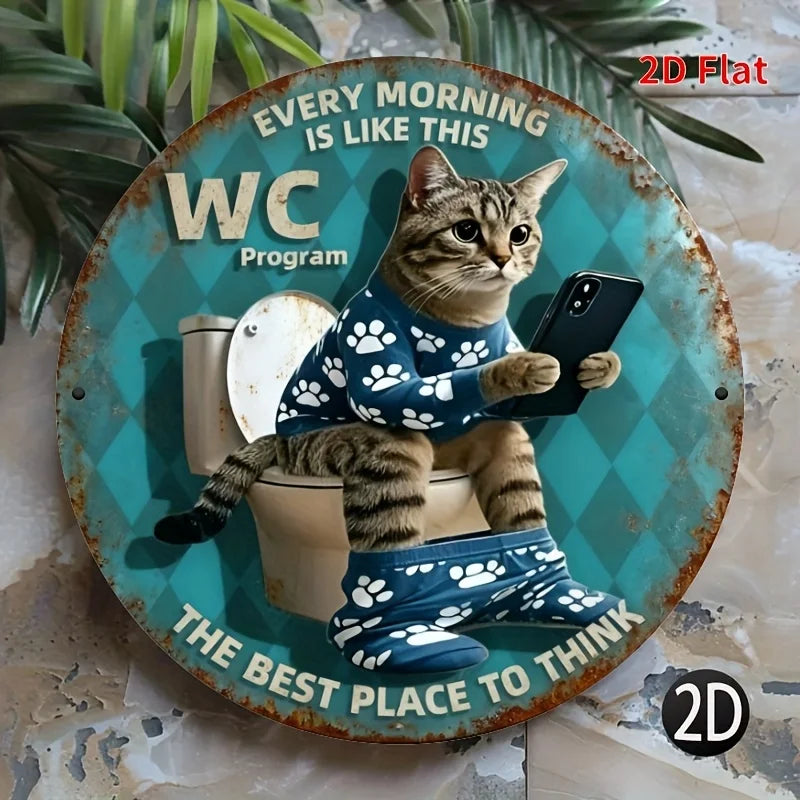 Vintage Toilet Cat with Phone Retro WC Sign – 20x20cm Aluminum Metal Bathroom Plaque – Free Shipping