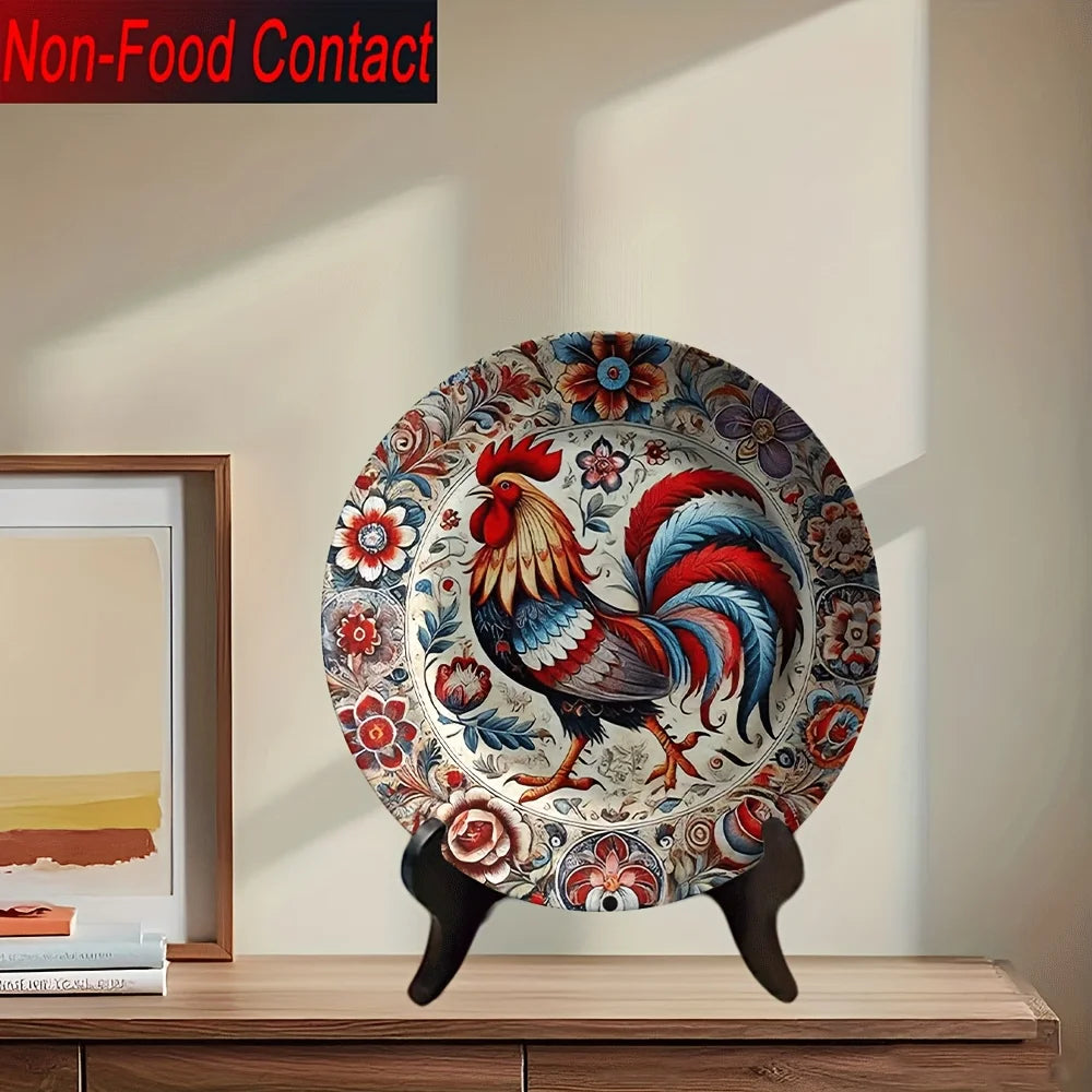 Rooster Floral Ceramic Decorative Plate – Red, Blue & Golden Home Décor