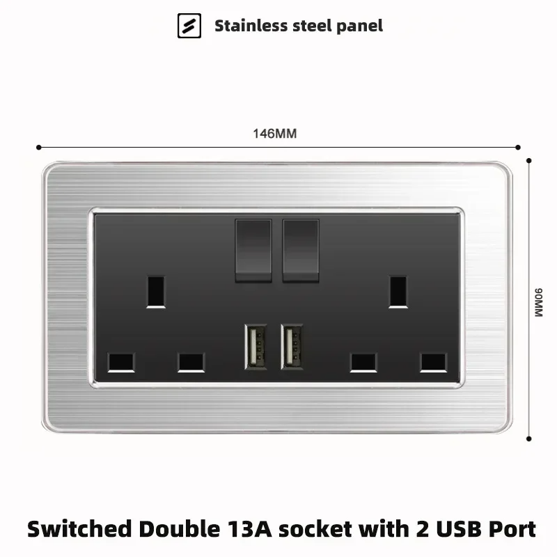 Wall LED Light Universal Switch Stainless steel Panel,EU UK USB Type-c 18W Fast Charging Plug socket 1 2 3 Gang 1 2 Way switch