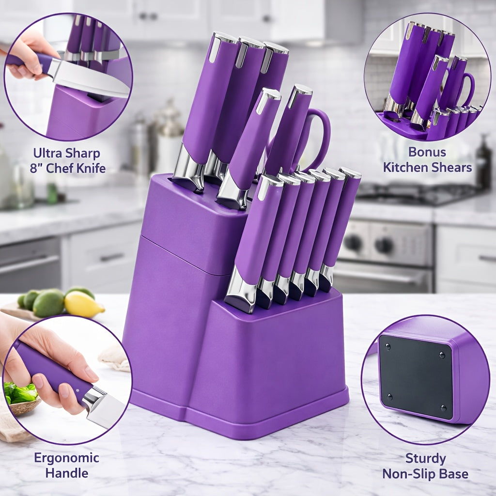 13pcs All-in-One Kitchen Knife Set with Holder - Includes 6 Steak Knives, Chef Knife, Bread Knife & Scissors - Perfect Housewarming Gift for New Home - Sharp & Durable Cooking Tools