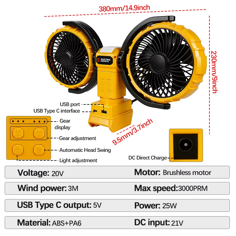 3000RPM Portable Dual Head Fan 360° Rotatable 3-Speeds Powerful Power Cooling Air Fan Low Noise Fan For Dewalt 20V Battery Pin