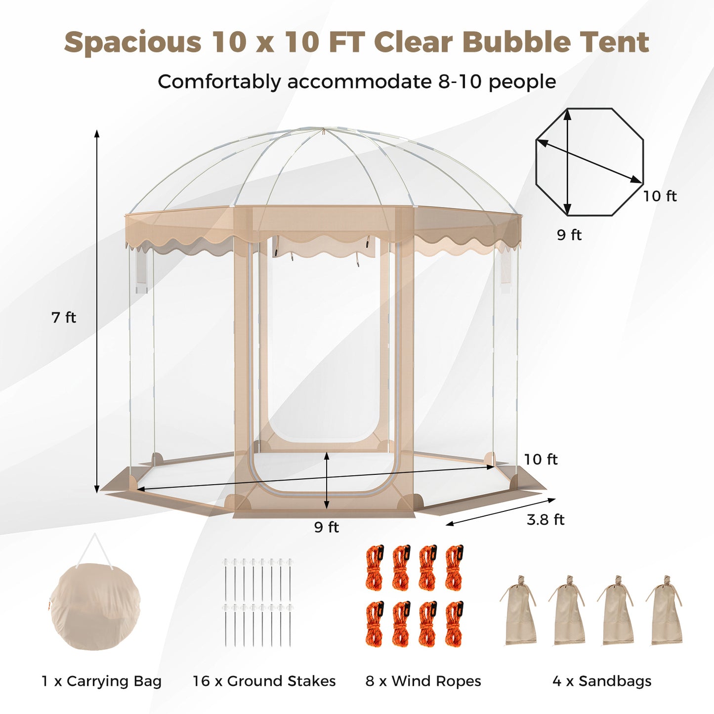 Bubble Tent with Carrying Bag 10 x 10 FT for 8-10 People | Clear PVC Igloo Sports & Camping Shelter | Free Shipping