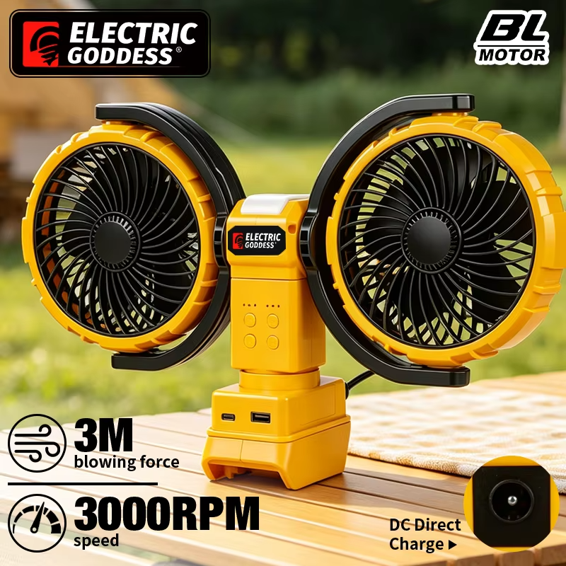 3000RPM Portable Dual Head Fan 360° Rotatable 3-Speeds Powerful Power Cooling Air Fan Low Noise Fan For Dewalt 20V Battery Pin