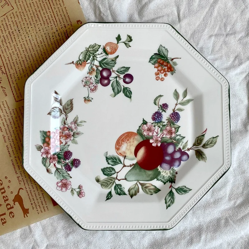 Underglaze Hand-Painted Green Octagonal Plate – Country Fruit Peach & Berry Dinnerware