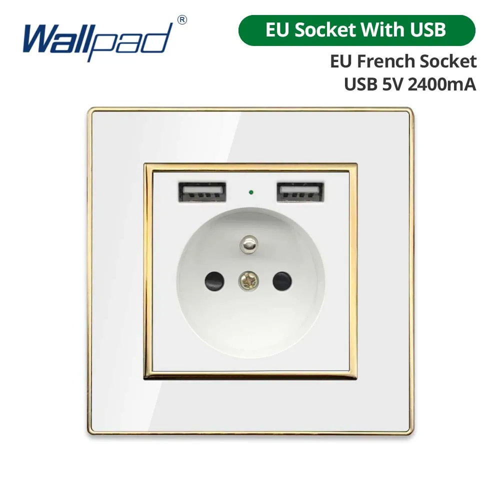Wallpad White Acrylic Panel With Gold Border 2 Way Wall Light Switch With LED Indicator EU Electric Outlet With USB