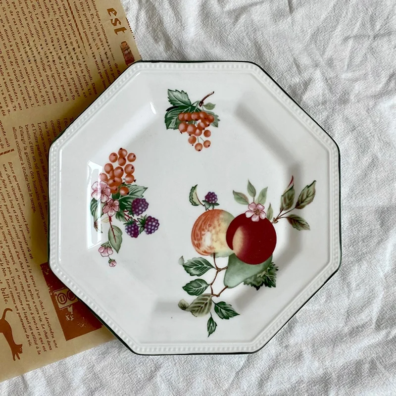 Underglaze Hand-Painted Green Octagonal Plate – Country Fruit Peach & Berry Dinnerware