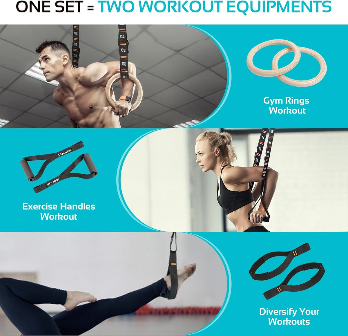 Vulken Wooden Gymnastic Rings - 1.1 Inch Olympic Gym Rings with Numbered Straps