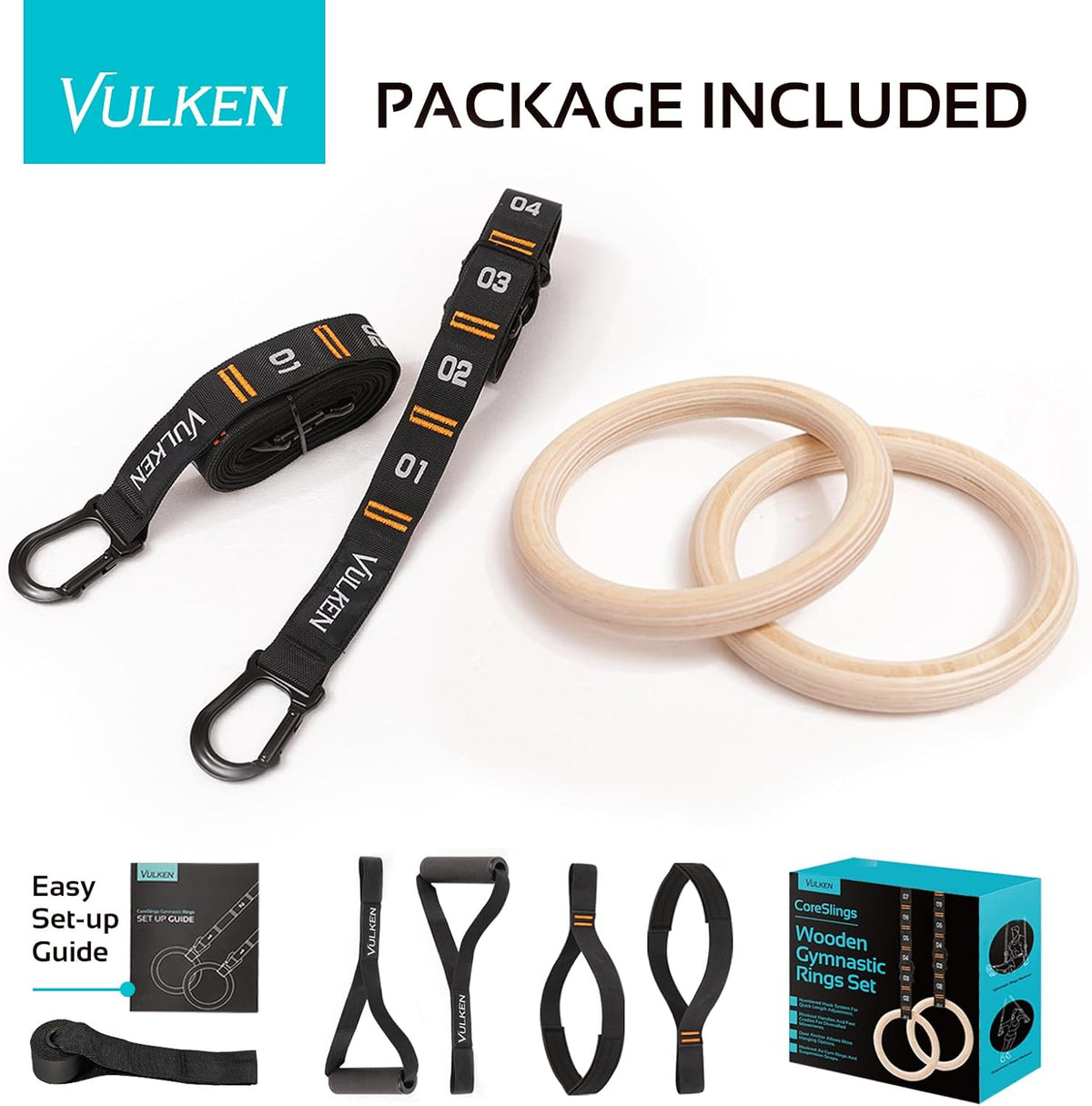 Vulken Wooden Gymnastic Rings - 1.1 Inch Olympic Gym Rings with Numbered Straps