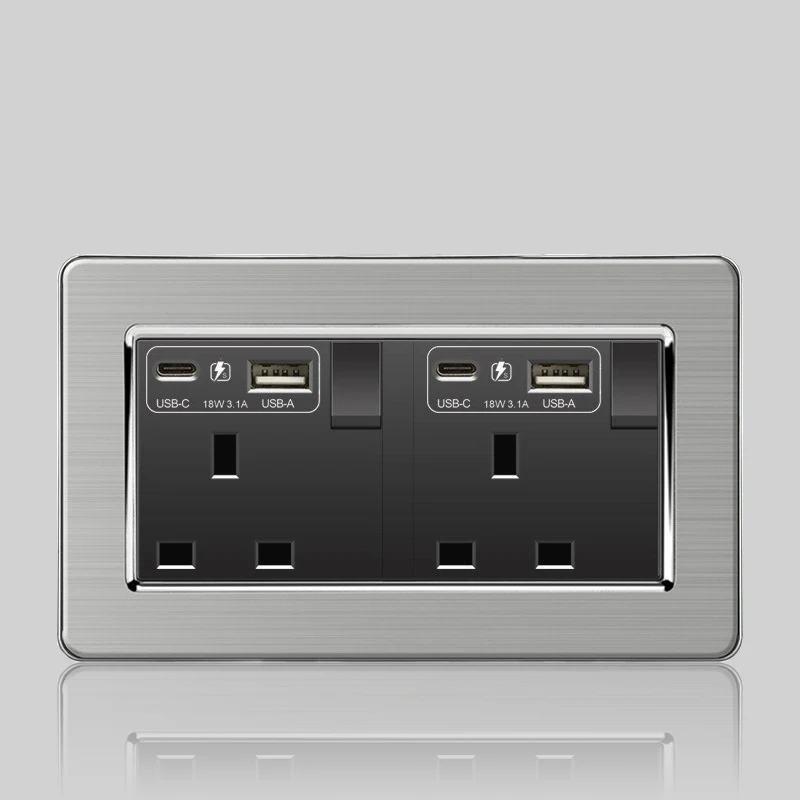 Wall LED Light Universal Switch Stainless steel Panel,EU UK USB Type-c 18W Fast Charging Plug socket 1 2 3 Gang 1 2 Way switch