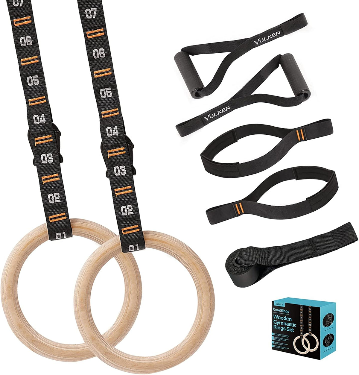 Vulken Wooden Gymnastic Rings - 1.1 Inch Olympic Gym Rings with Numbered Straps