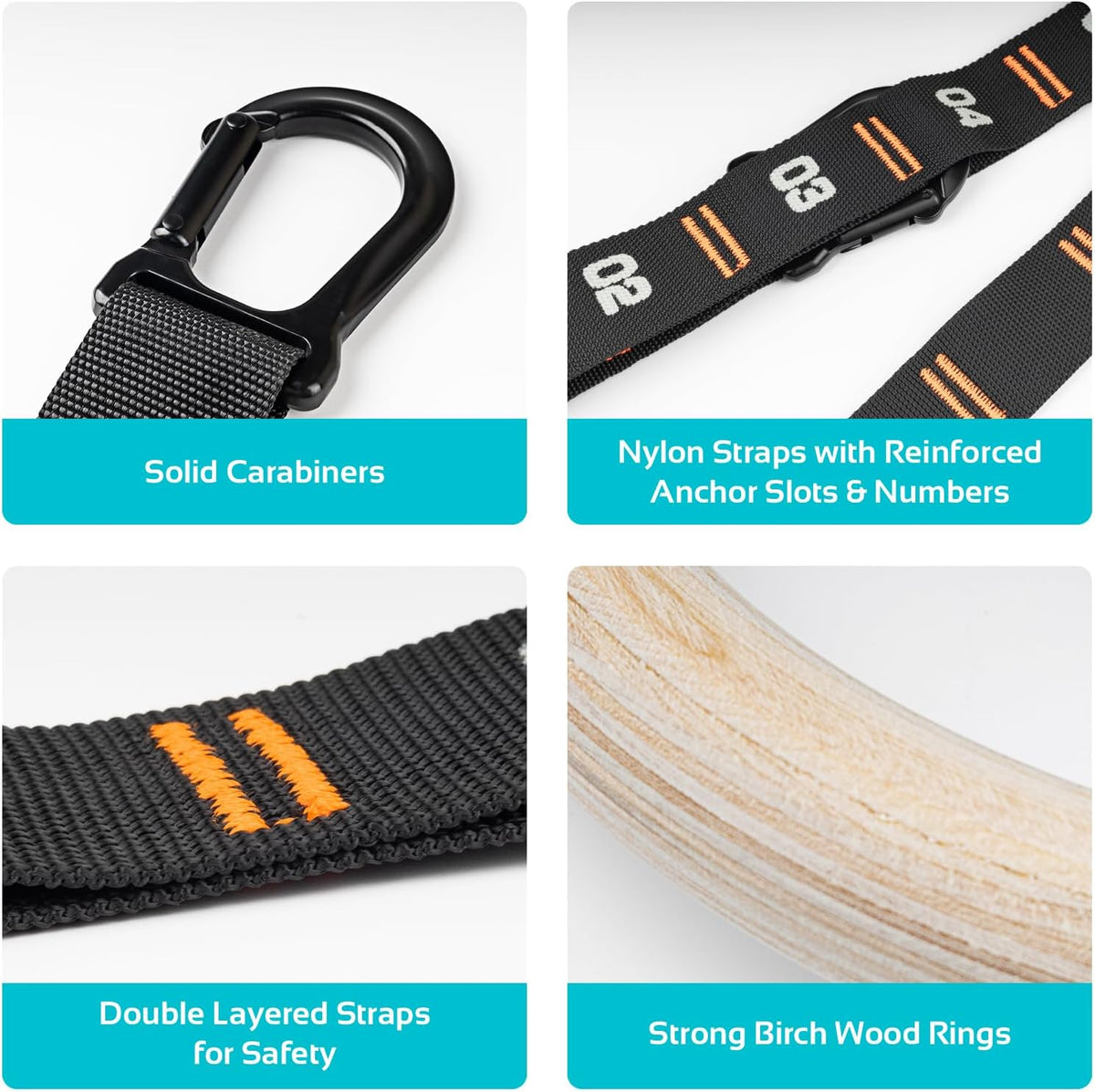 Vulken Wooden Gymnastic Rings - 1.1 Inch Olympic Gym Rings with Numbered Straps