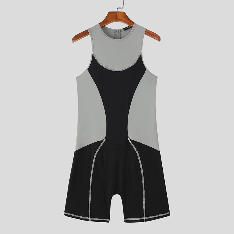 Bodysuits Patchwork Color-block O-neck Sleeveless Male Rompers Playsuits Streetwear Workout