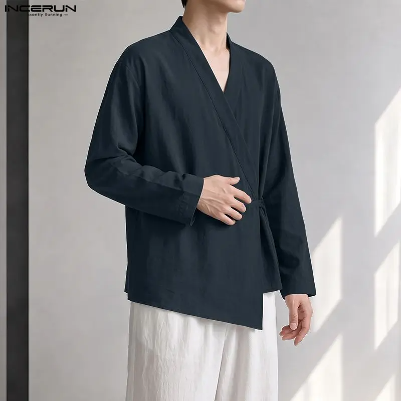 INCERUN Men's V-Neck Lace-Up Shirt | Long Sleeve Loose Fit Vintage Streetwear Top S-5XL | FREE SHIPPING