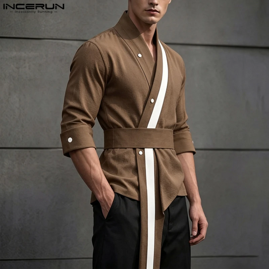 INCERUN Men's Shirt Patchwork V Neck 3/4 Sleeve Casual Irregular Shirts For Man Streetwear 2026 Color-block Fashion Men Clothes
