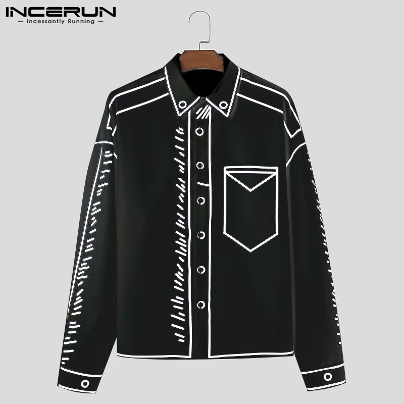 INCERUN Handsome Men Tops 2024 Manga Cartoon Printed Line Shirt Fashion Male Streetwear Hot Sale Loose Long Sleeved Blouse S-5XL