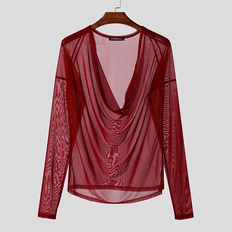 INCERUN Men T Shirt Mesh See Through Sexy Long Sleeve Casual Male Tee Tops Party Nightclub Streetwear Fashion Men Clothing S-5XL