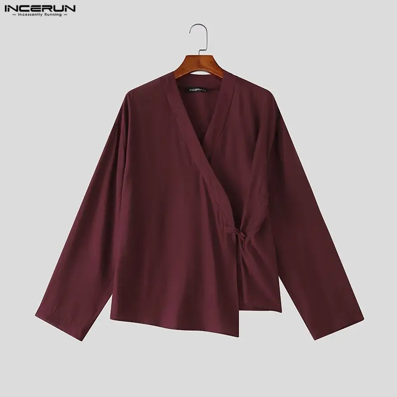 INCERUN Men's V-Neck Lace-Up Shirt | Long Sleeve Loose Fit Vintage Streetwear Top S-5XL | FREE SHIPPING
