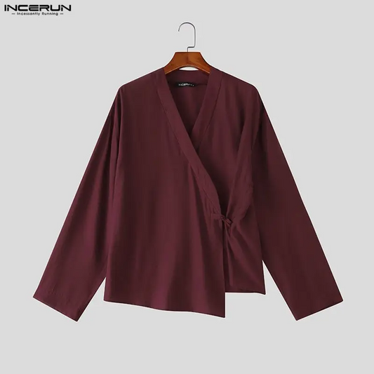 INCERUN Men's V-Neck Lace-Up Shirt | Long Sleeve Loose Fit Vintage Streetwear Top S-5XL | FREE SHIPPING