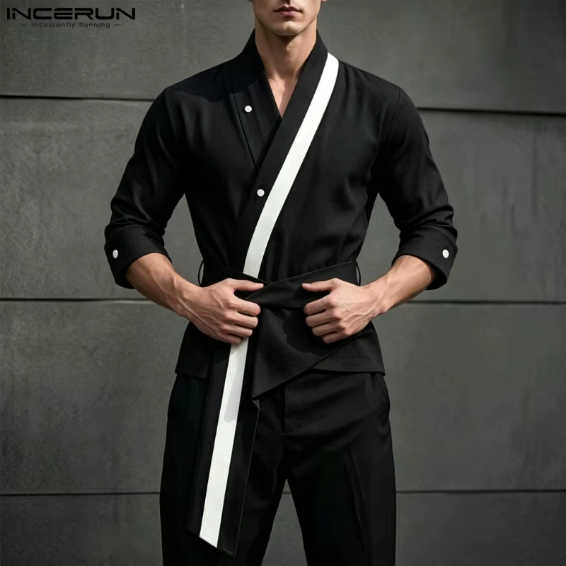 INCERUN Men's Shirt Patchwork V Neck 3/4 Sleeve Casual Irregular Shirts For Man Streetwear 2026 Color-block Fashion Men Clothes
