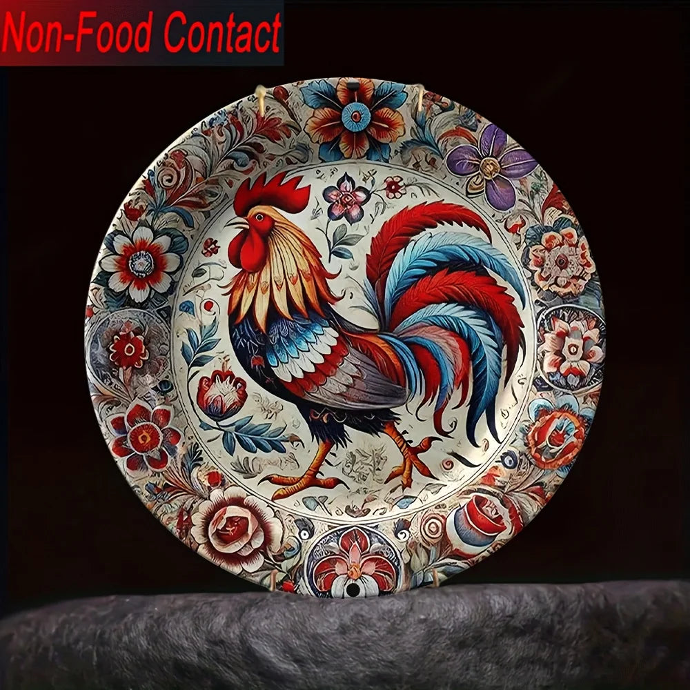 Rooster Floral Ceramic Decorative Plate – Red, Blue & Golden Home Décor