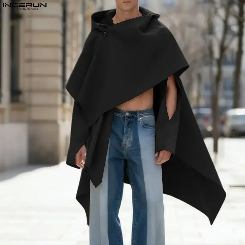INCERUN Men's Hooded Irregular Cloak Poncho Long Sleeve Hollow Out Cape