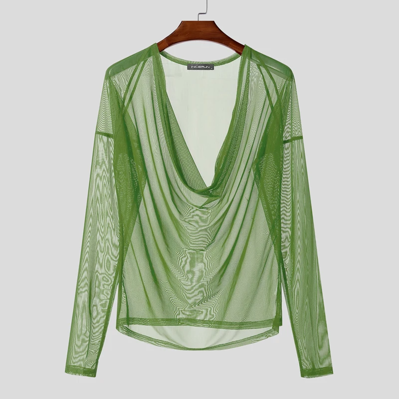 INCERUN Men T Shirt Mesh See Through Sexy Long Sleeve Casual Male Tee Tops Party Nightclub Streetwear Fashion Men Clothing S-5XL