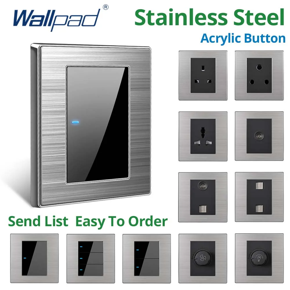 Wallpad LED Light Switch Wall Switches Stainless steel Panel Sockets One-side Click Acrylic Button Interrupteur AC110~250V