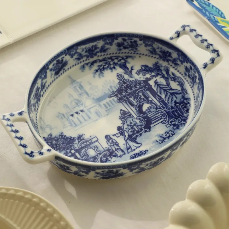 Blue & White Porcelain Casserole Dish DoubleHandled Baking Pan Vintage Ceramic Cookware for Kitchenware Traditional Cooking Pot