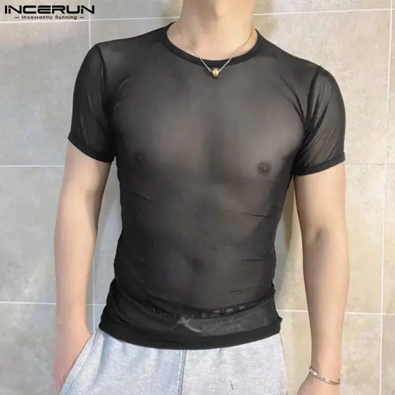 Men's Mesh Transparent T-Shirt O-Neck Short Sleeve Sexy Streetwear Solid Color Tee S-3XL