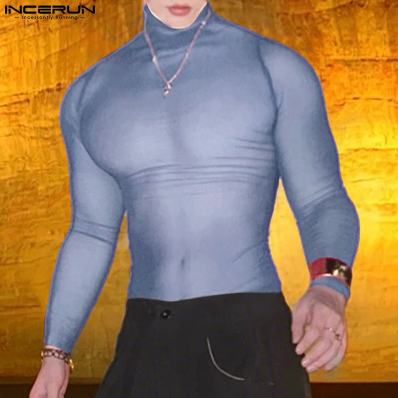 Men's Mesh Long Sleeve Turtleneck T-Shirt See Through Slim Fit Casual Streetwear Top