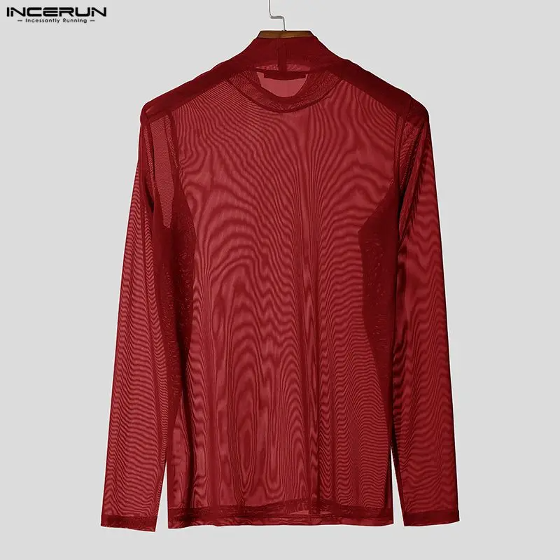 Men's Mesh Long Sleeve Turtleneck T-Shirt See Through Slim Fit Casual Streetwear Top