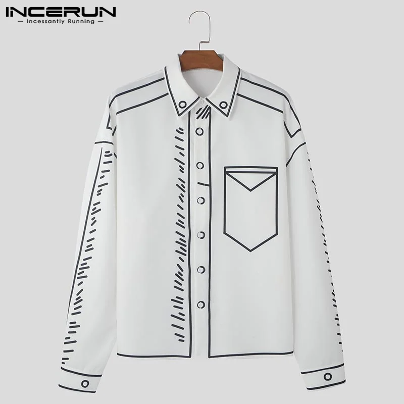 INCERUN Handsome Men Tops 2024 Manga Cartoon Printed Line Shirt Fashion Male Streetwear Hot Sale Loose Long Sleeved Blouse S-5XL