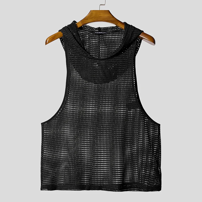 Men Tank Tops Mesh Hollow Out Sexy See Through Hooded Sleeveless Male Vests Solid Streetwear Fashion Men Clothing S-3XL
