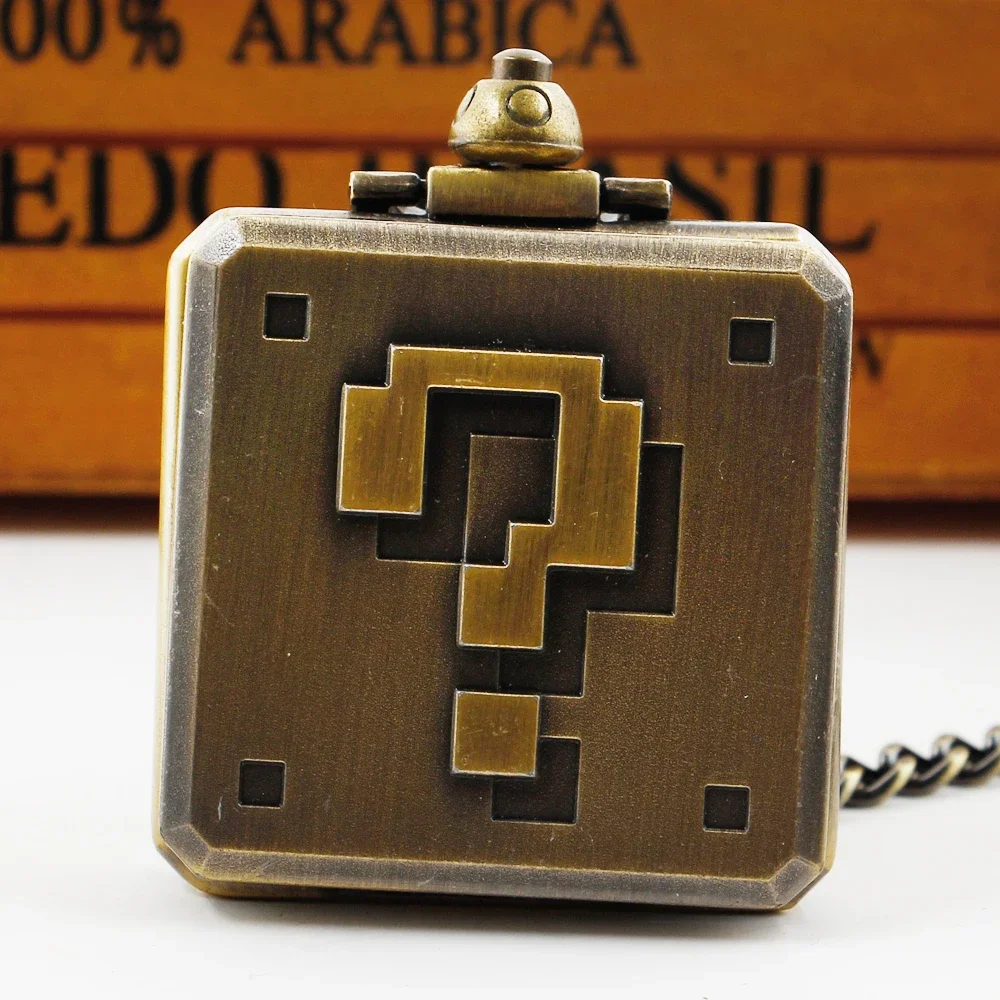 Retro Question Mark Bronze Quartz Pocket Watch — Vintage Pendant Chain Clock