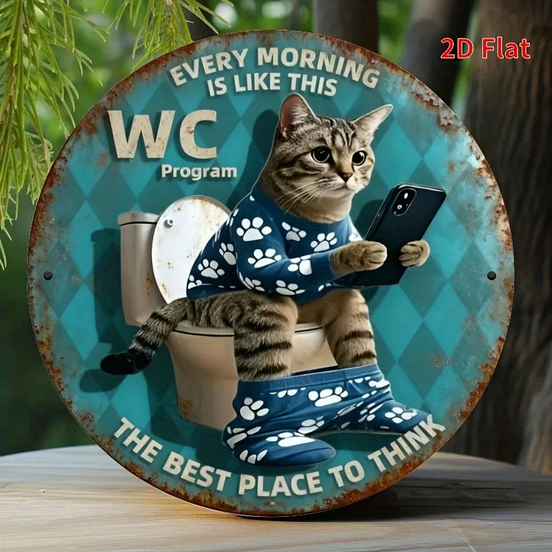 Vintage Toilet Cat with Phone Retro WC Sign – 20x20cm Aluminum Metal Bathroom Plaque – Free Shipping